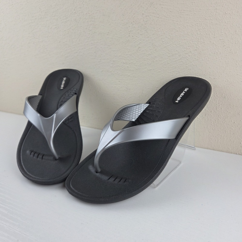 Okabashi Breeze Flip Flops Sandals Thong Slides Size M/L 8-9 Black Silver
